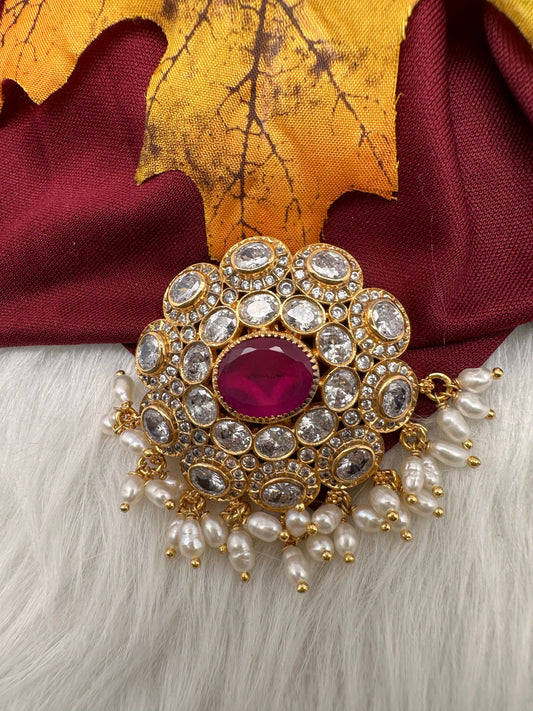 92.5 Silver CZ Red Pendent With Rice Pearls