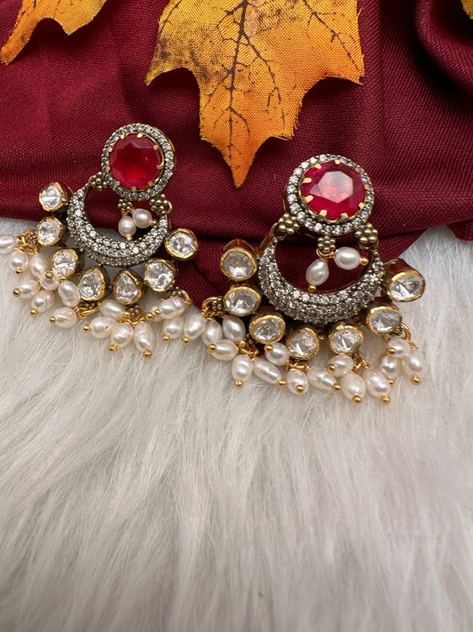 92.5 Silver Red Moissanite Rice Pearls Chandbali Earrings