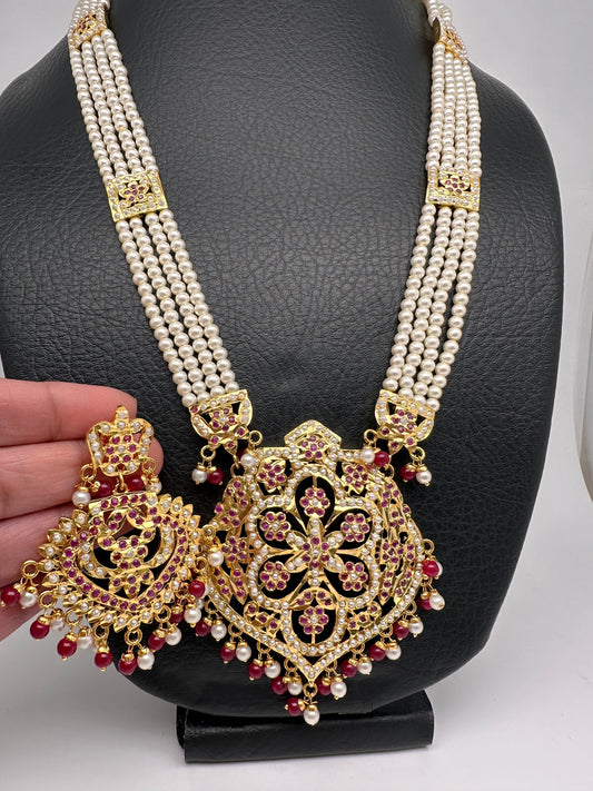 Red Stone Hyderabadi Jadau Pendent Pearl Raani Haar Necklace