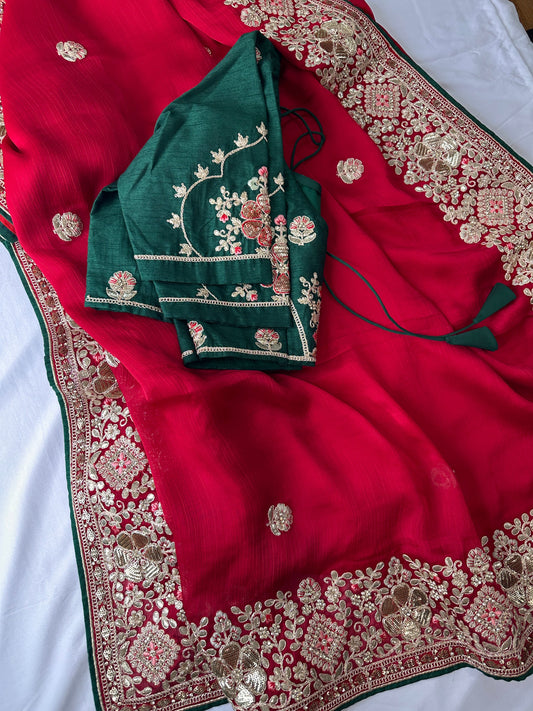 Red Chiffon Gotta Patti Work Bridal Saree