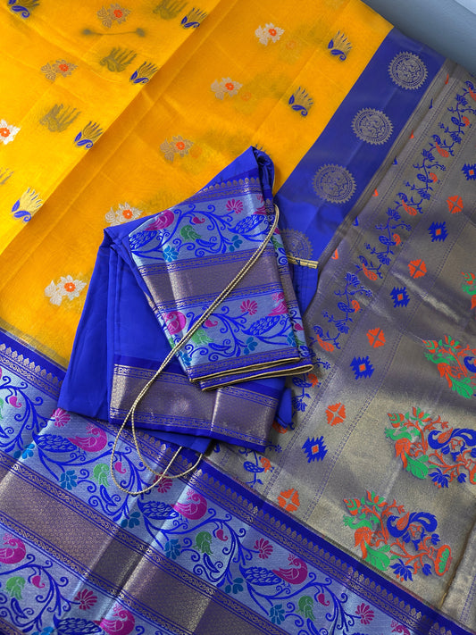 Pythani Border Yellow Blue Chanderi Saree