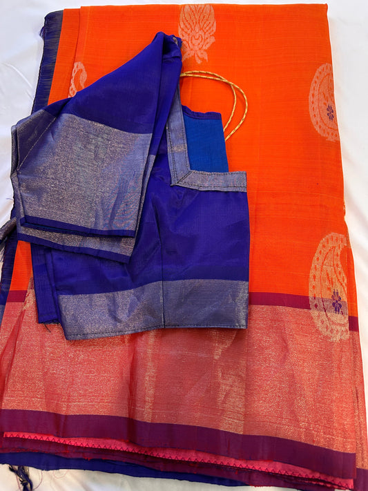 Pure Kanchi Orange BluevSaree
