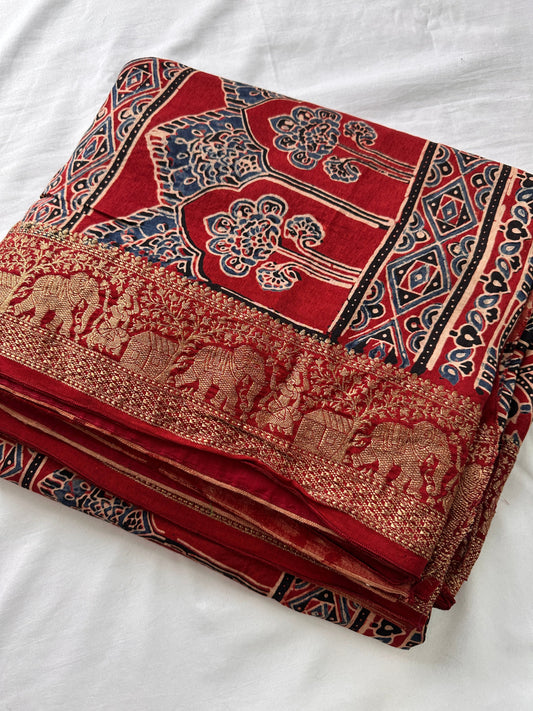 Red  Natural Ajarakh Handblock Dola Silk Saree
