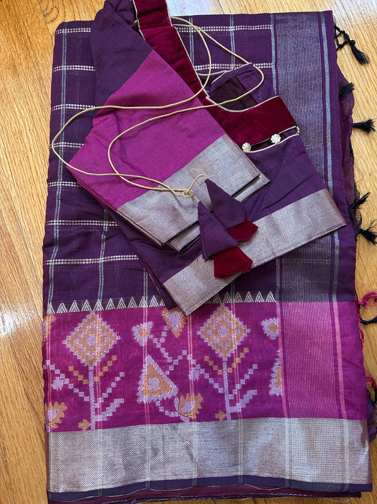 Purple Soft Sico Checks with Pochampally Border Casual Wear Saree