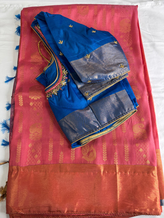 Pink Blue Uppada Light Weight Saree with Maggam Work Blouse