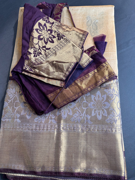 Pure Venkatgiri Silk Cream and Brown Saree