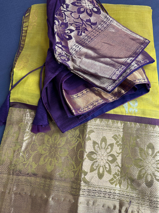 Pure Venkatgiri Silk Green and Brown Saree