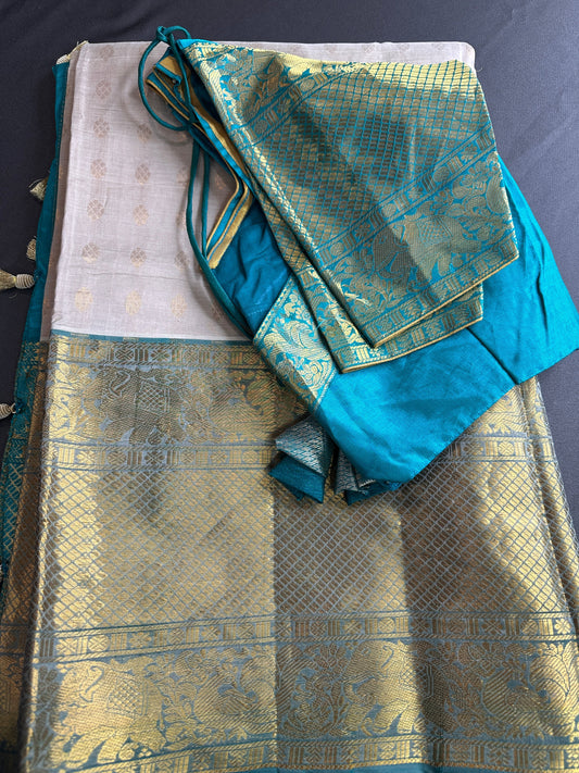 Pure Venkatgiri Silk Green and Brown Saree