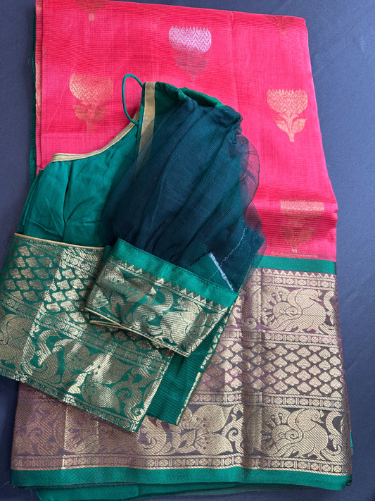 Pure Venkatgiri Silk Pink and Green Saree