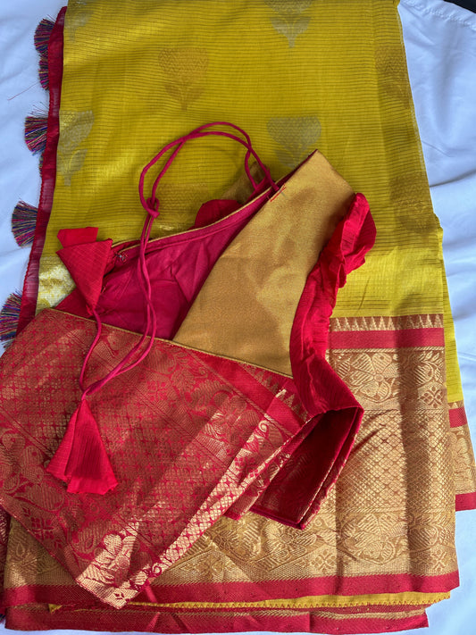 Pure Venkatgiri Silk Mustard Yellow and Red Saree