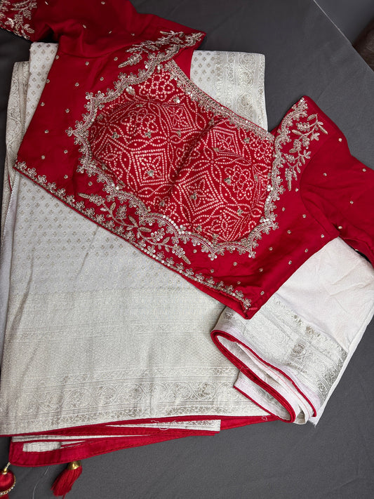 White Saree with Red Saree and a blouse piece