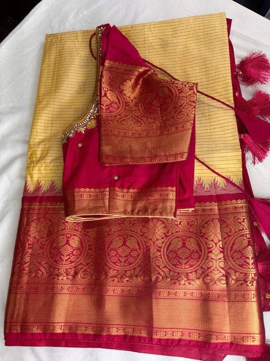 Yellow Pink Pure Silk Pattu Gadwal Saree