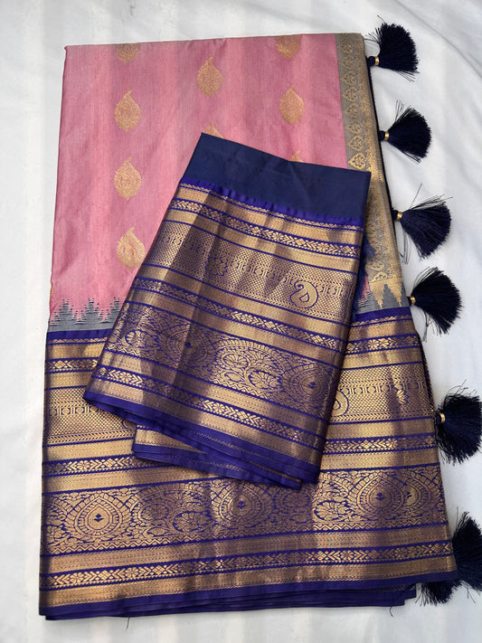 Pink Blue Pure Silk Pattu Gadwal Saree