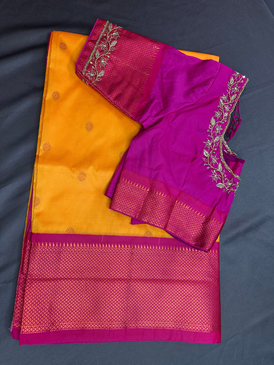 Yellow Pink Semi Handloom Purple Saree