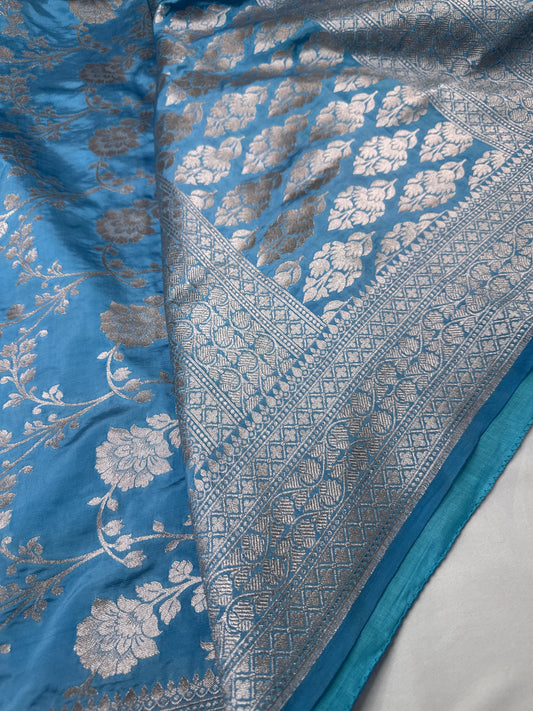 Silver Jaal Silk Blue Banarsi Saree
