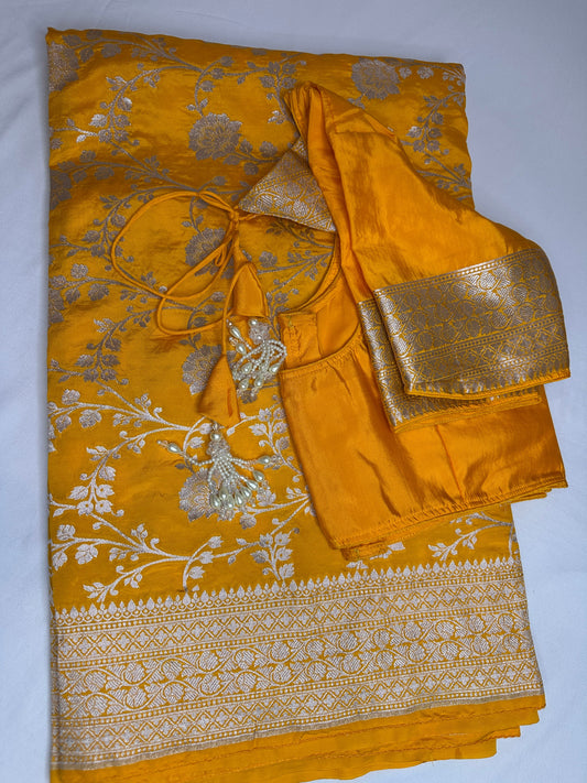 Silver Jaal Silk Yellow Banarsi Saree