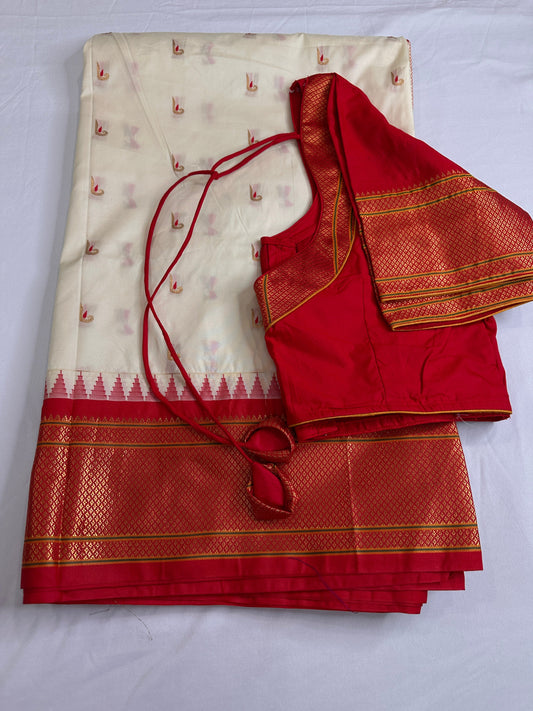 Semi Gadwal  Silk Paithani Cream Red Saree
