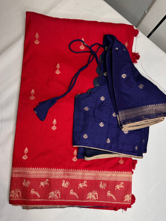 Raw Mango Silk Red Blue Light Weight Saree
