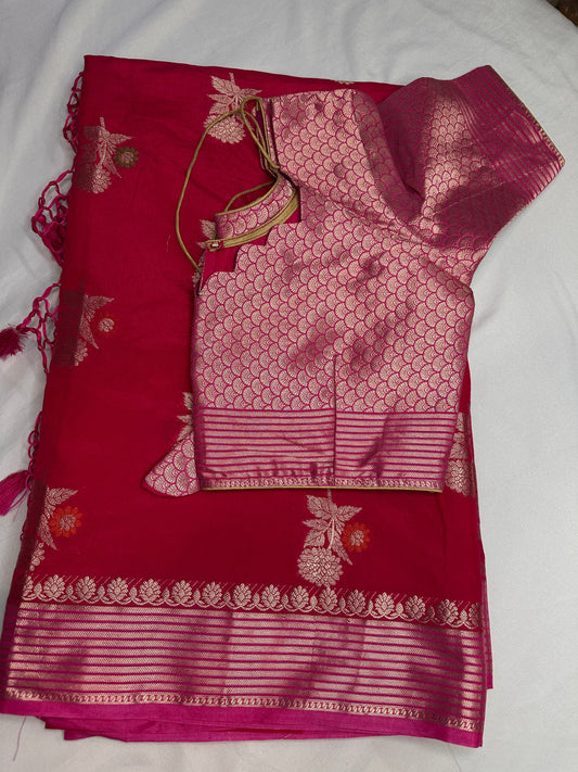 Raw Mango Silk Pink Floral Zari Saree