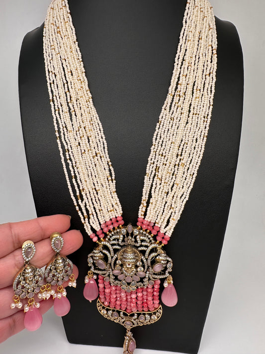 Balaji Mehendi Polish Color Stone Pearls Beads Necklace - Pink