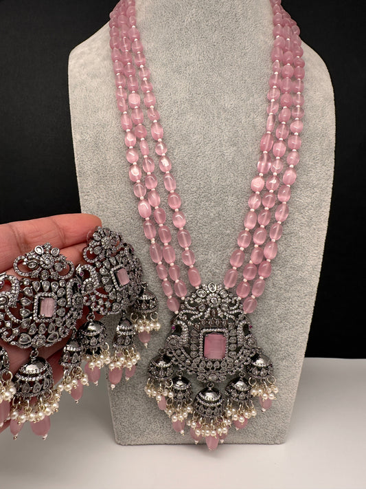 Victorian Peacock Color Stone Monalisa Beads Necklace - Pink