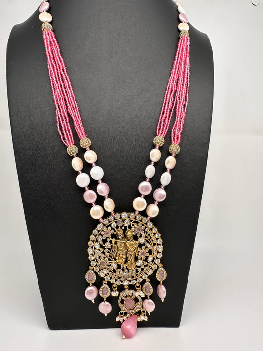 Radha Krishna Mehendi Polish Color Stone Crystal Beads Necklace - Pink