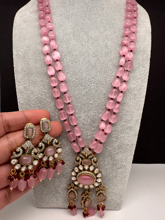 Moissanite Mehendi Polish Color Stone Monalisa Beads Necklace - Pink
