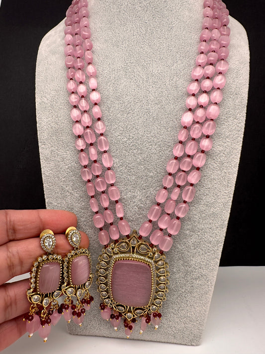 AD Mehendi Polish Color Stone Monalisa Beads Necklace - Pink