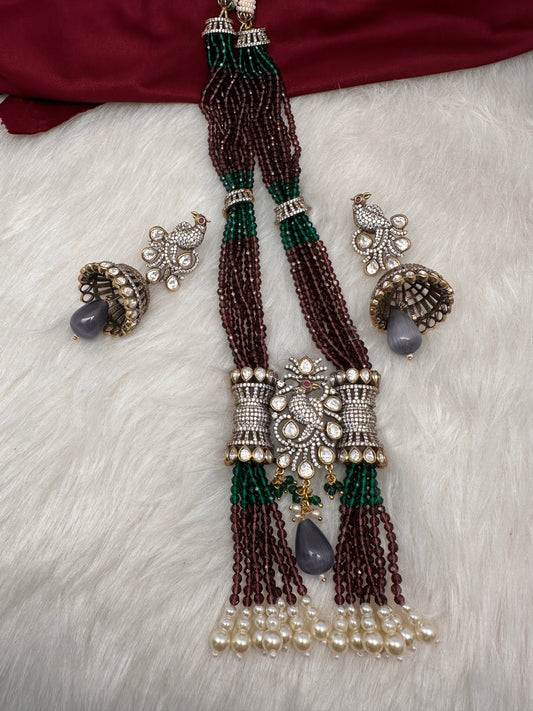 Moissanite Kundan Peacock Pattern Color Crystal Beads Necklace - Purple