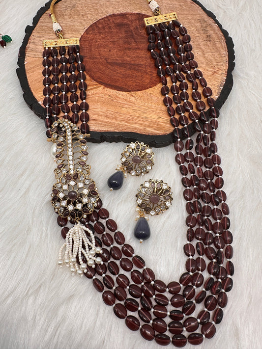 Moissanite Kundan Side Pendent Color Monalisa Beads Necklace - Purple