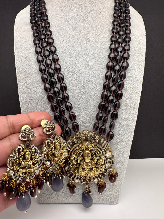 AD Kundan Goddess Lakshmi Color Monalisa Beads Necklace - Purple