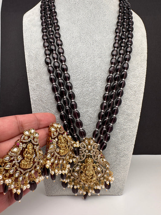 AD Kundan Goddess Lakshmi Color Monalisa Beads Necklace - Purple