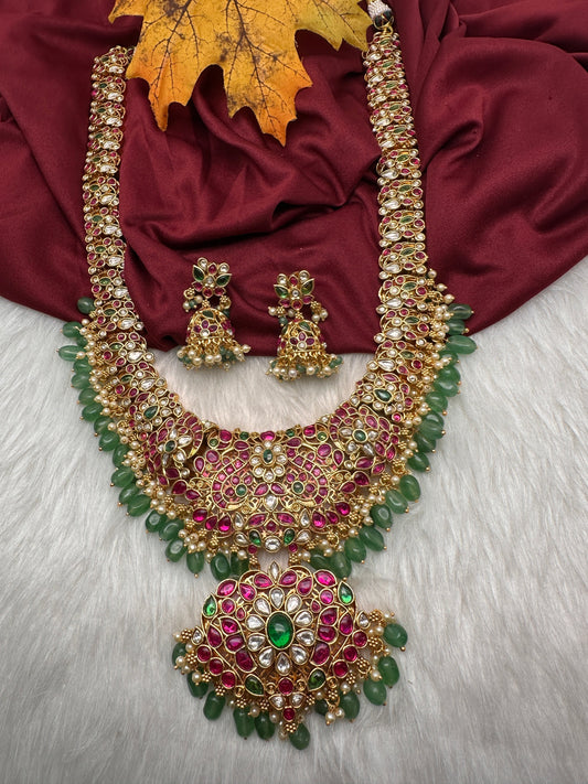 Potta Stones Emerald Beads Pearls Ethnic Long Necklace