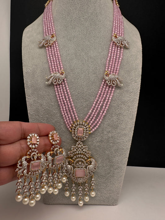 CZ Beads Long Color Stone Peacock Necklace - Pink