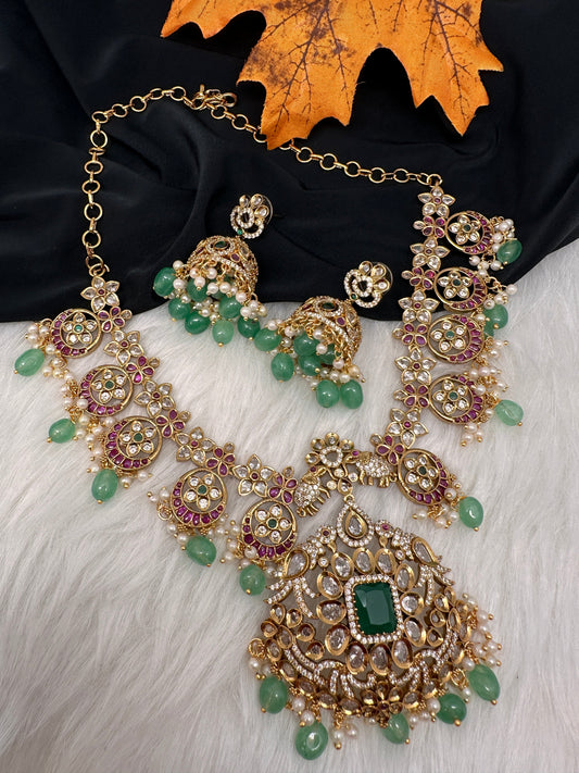 Moissanite AD Red Green Stone Emerald Green Beads Guttapusalu Necklace