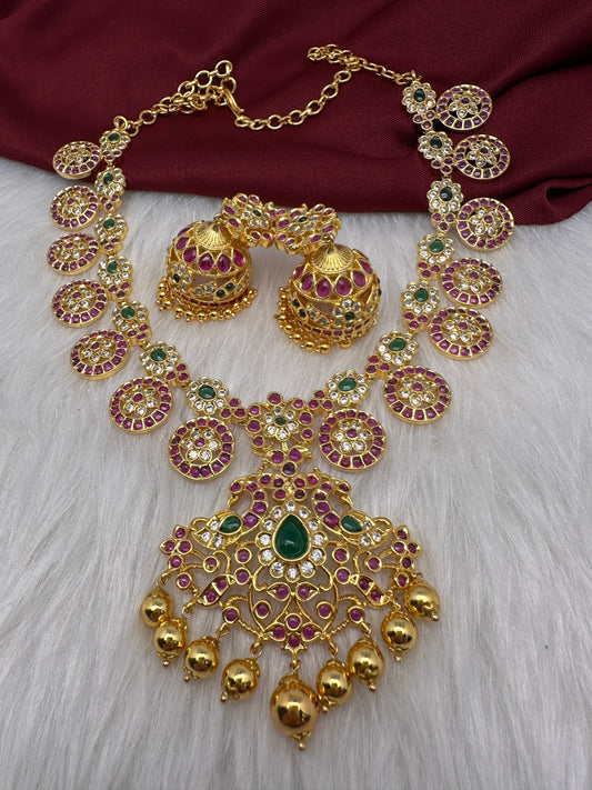 Peacock Red Green Kemp Bottu Ethnic Necklace