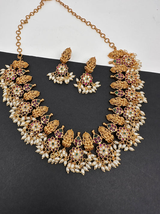 Goddess Lakshmi Rice Pearls Short Guttapusalu Necklace