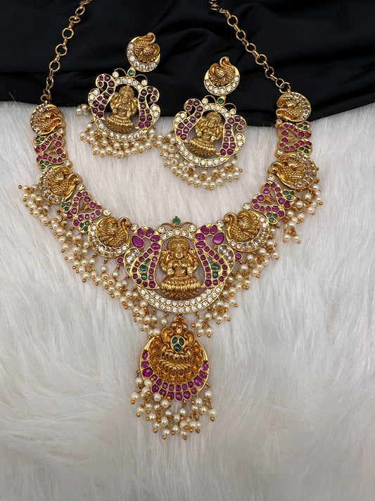 Goddess Lakshmi Kempu Pearls Short Guttapusalu Necklace