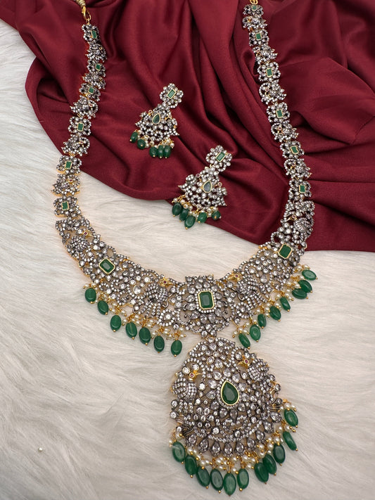 AD Green Stone Green Beads Dual Polish Long Necklace