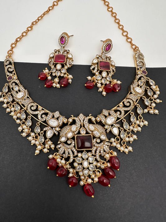 Polki Victorian Mehndi Finish Color Stone Necklace - Red