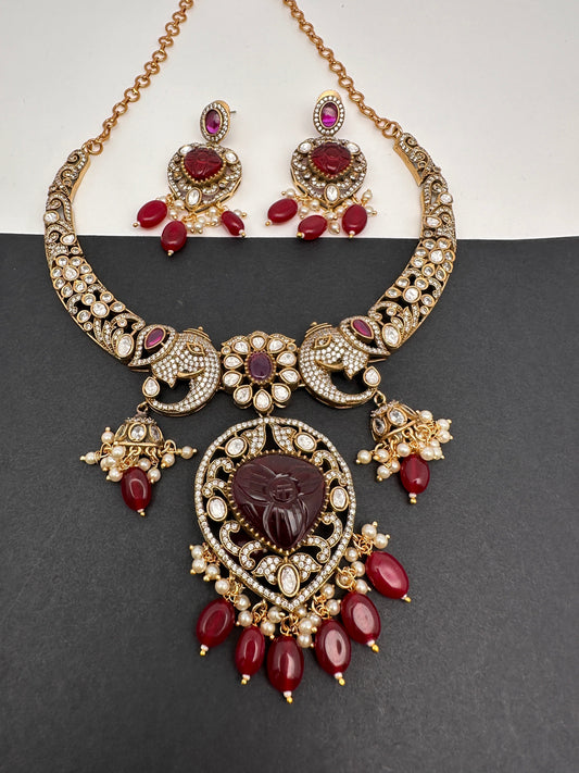 Polki Victorian Mehndi Finish Color Stone Necklace - Red