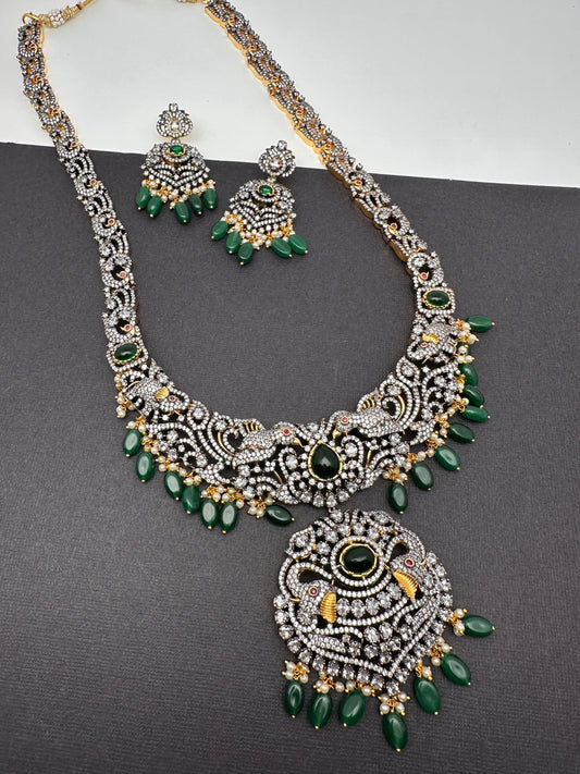 Polki AD Green Stone Green Beads Dual Polish Long Necklace