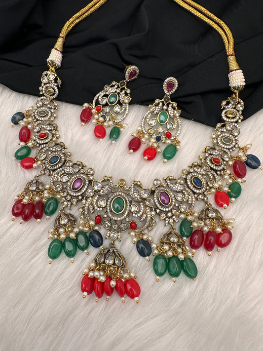 Polki Victorian Mehndi Finish Color Stone Necklace - Red
