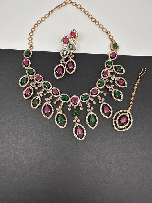 AD Dainty Victorian Mehndi Finish Color Stone Necklace with Mand Tika - Red