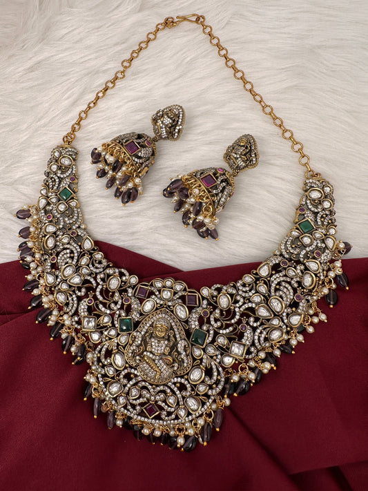 Moissanite Victorian Goddess Lakshmi Necklace with Amethyst Beads