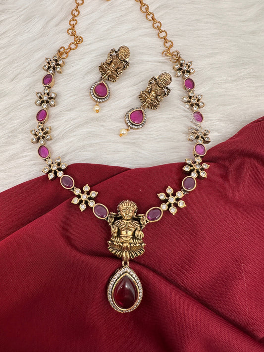 AD Victorian Goddess lakshmi Dainty  Color Stone Necklace - Red