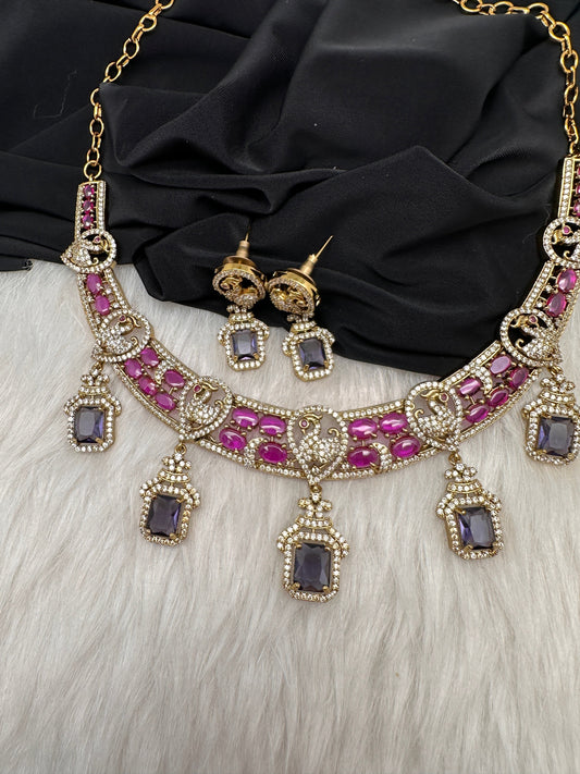 Peacock Mehendi Finish Neckline Color Stone Necklace - Purple
