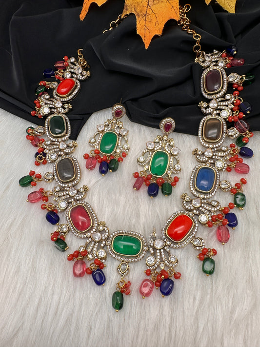 Moissanite Mehendi Finish Neckline Color Stone Necklace - Red