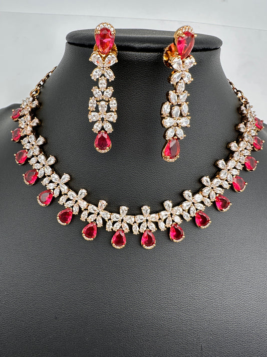 CZ Mehendi Finish Color Stone Necklace - Red
