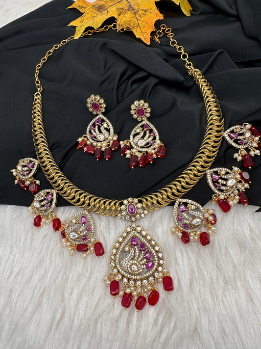 CZ Moissanite Peacock Mehendi Finish Jalebi Color Stone Necklace - Red